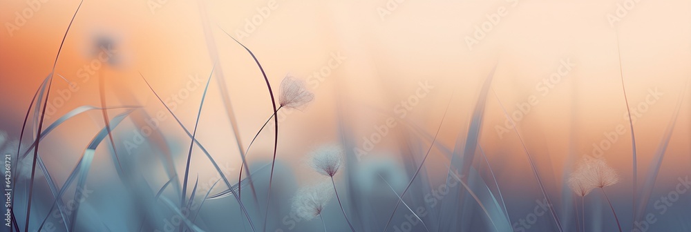 Obraz premium Beautiful abstract background banner with a close up of dried wild grass in the autumn fields at dawn. generative AI