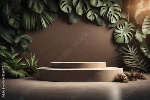 Concrete podium in tropical forest for product presentation and antique brown wall © Asad