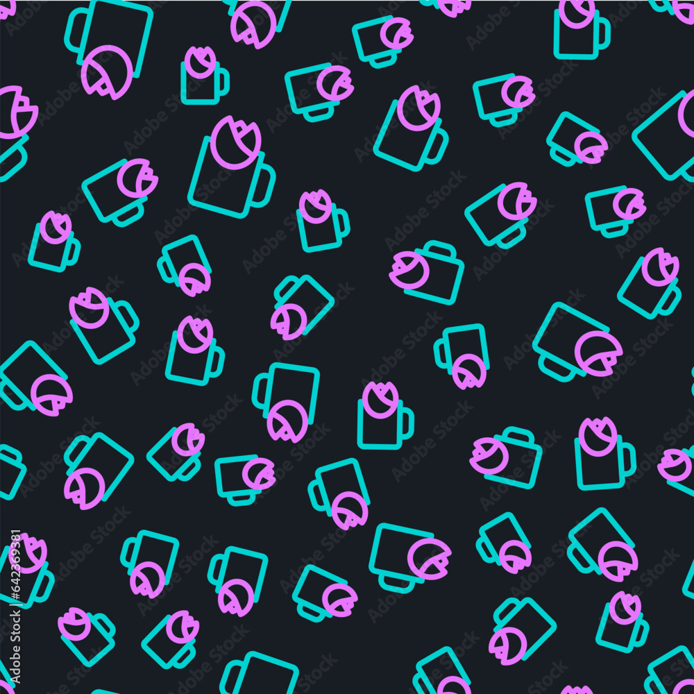 Line Cup of tea with rose icon isolated seamless pattern on black background. Vector Line Cup of tea with rose icon isolated seamless pattern on black background. Vector