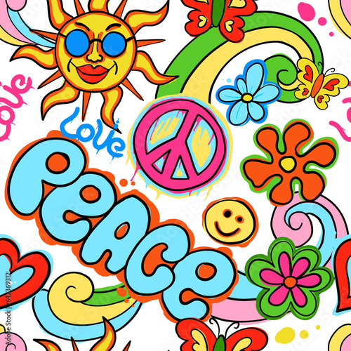 Hippie psychedelic Seamless Pattern. Hand Drawn Seamless Pattern	