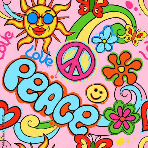 Hippie psychedelic Seamless Pattern. Hand Drawn Seamless Pattern	