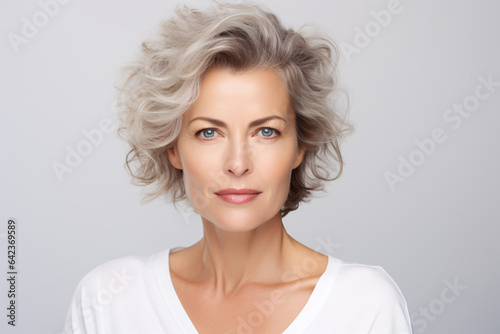 Portrait of mature attractive woman on white background. Closeup face of senior woman with gray hair. Beauty shot of mature woman with smile face. Happy senior woman. 50s lady.