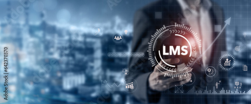 LMS - Learning Management System concept. Online learning platform. Employee using mobile learning, online, e learning application with content delivery and measured the effectiveness of training. 