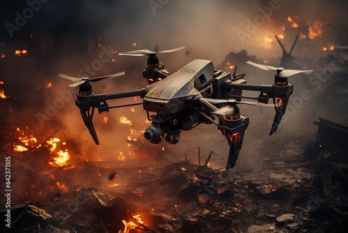 Tactical air drone as combat scout over battle filed and burning ruins