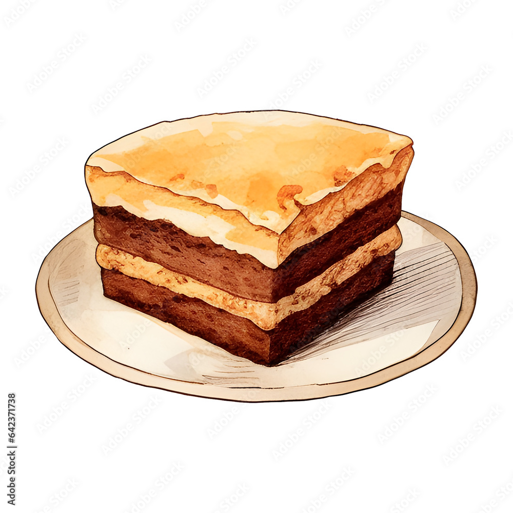 Watercolor set dessert, piece delicious chocolate cake. Hand-drawn illustration isolated on white background. Perfect food menu, food drawing Watercolor set dessert, piece delicious chocolate cake. Hand-drawn illustration isolated on white background. Perfect food menu, food drawing