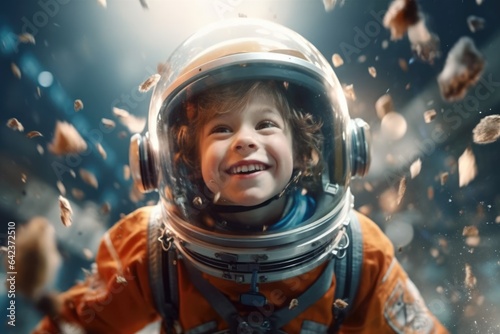 kid in spacesuit helmet floating through school. beautiful Generative AI AIG32