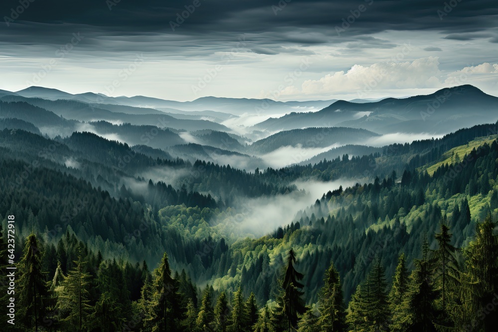 A November scene with a dense green forest framed by majestic mountains and crowned by drifting clouds, creating a picturesque backdrop. Photorealistic illustration, Generative AI