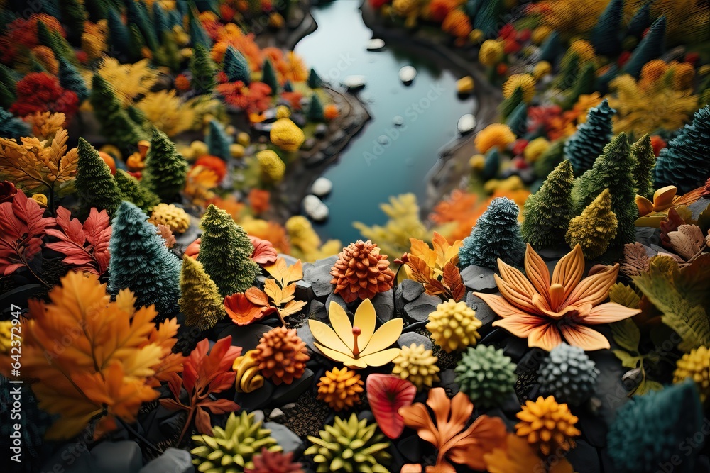 A fall-themed background with a meticulously crafted miniature river meandering through a forest, capturing the beauty of autumn. Photorealistic illustration, Generative AI A fall-themed background with a meticulously crafted miniature river meandering through a forest, capturing the beauty of autumn. Photorealistic illustration, Generative AI