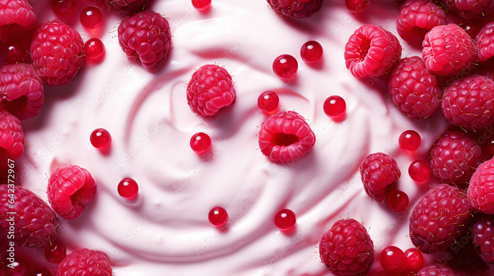 Yogurt and fresh forest berries, background. Top view. Generative AI Yogurt and fresh forest berries, background. Top view. Generative AI