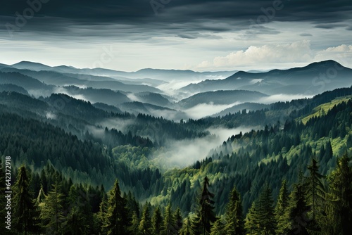 A November scene with a dense green forest framed by majestic mountains and crowned by drifting clouds, creating a picturesque backdrop. Photorealistic illustration, Generative AI © DIMENSIONS