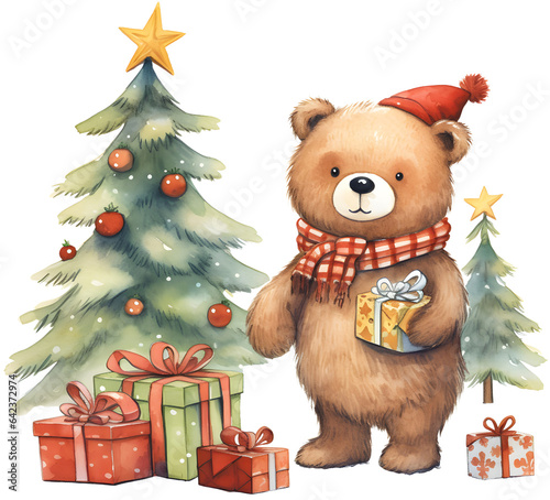 Cute Bear in Christmas theme, watercolor style © Moozate