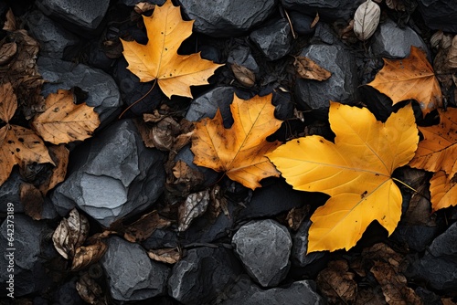 A captivating background image for creative content  presenting a close-up view of golden fall leaves gently resting on textured gray rocks. Photorealistic illustration  Generative AI