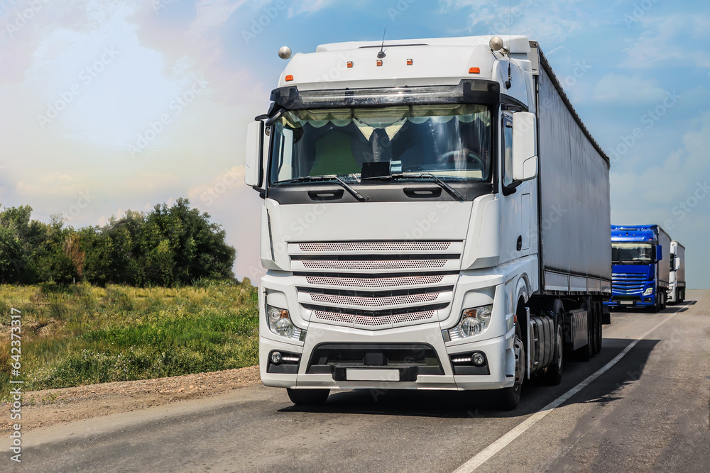 trucks moves along a country road