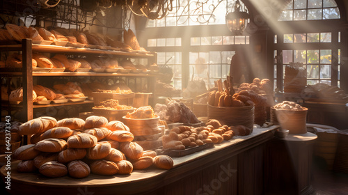 Fotografia Early morning sunlight bathes a bakery scene, illuminating rows of freshly baked goods