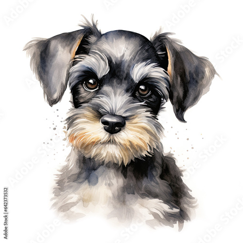 Miniature schnauzer puppy, on a white background. Cute digital watercolour for dog lovers.