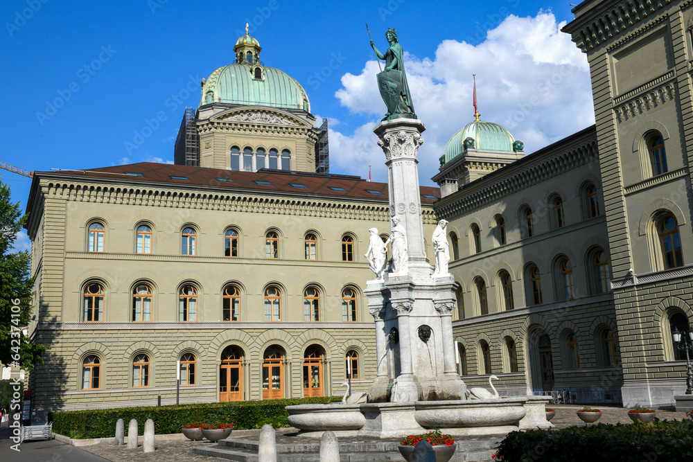 Statue of Helvetia and parliament of Bern on Switzerland