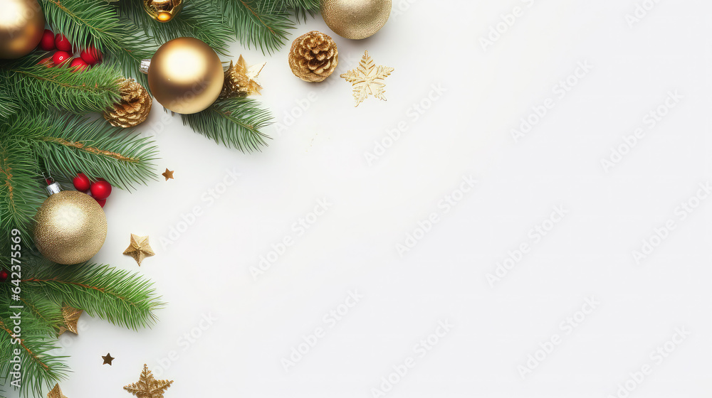 Christmas style template white background pine branches christmas balls copy space.