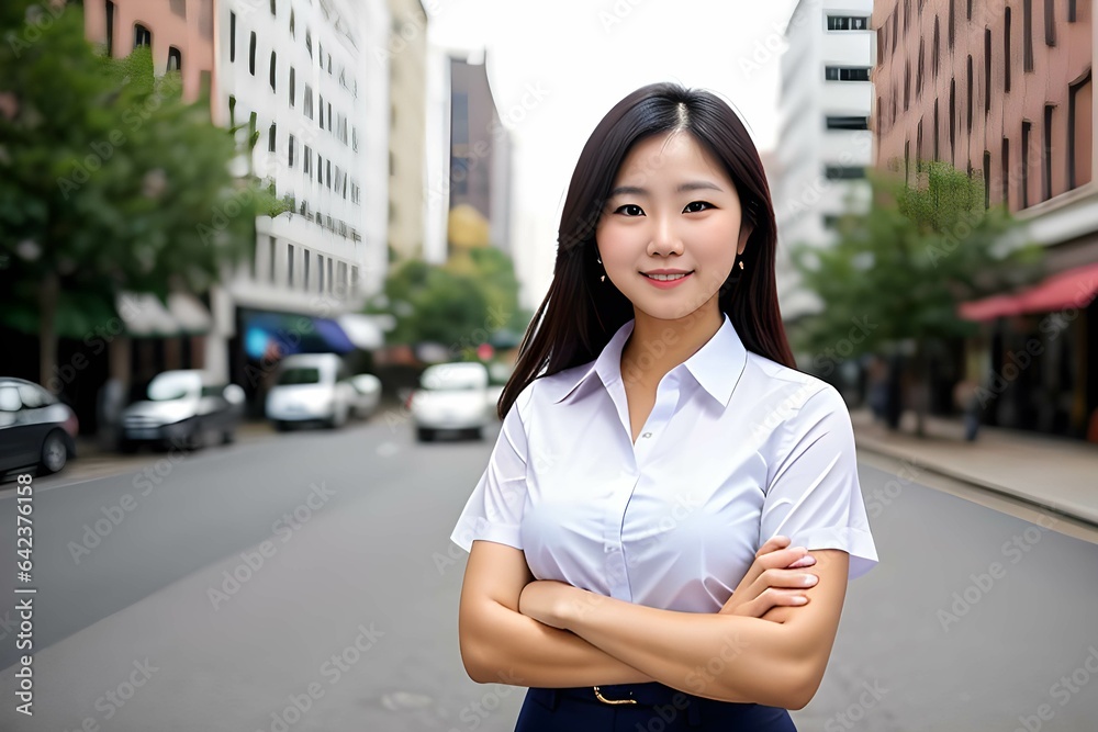 都会の喧騒の中で腕組して立つプロフェッショナルな女性、幸せな成功者のスマイル 都会の喧騒の中で腕組して立つプロフェッショナルな女性、幸せな成功者のスマイル