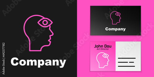 Pink line Man with third eye icon isolated on black background. The concept of meditation, vision of energy, aura. Logo design template element. Vector