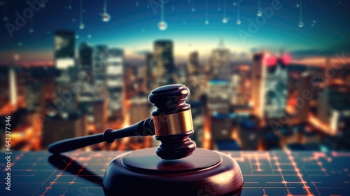 A wooden gavel of law on a table top with the night scene digital city skyline with graphic of network connection in blur background. beautiful Generative AI AIG32
