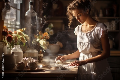 young wife in the kitchen cooking