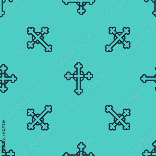Black line Christian cross icon isolated seamless pattern on green background. Church cross. Vector