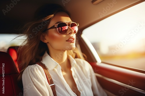 young elegant woman in her car