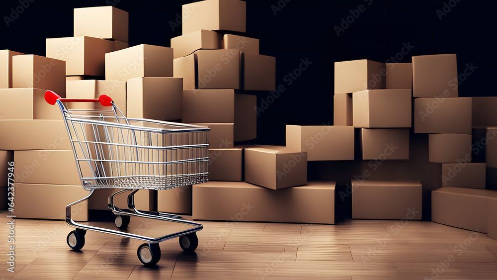 Shopping trolley for e-commerce. Boxes inside the room for logistics Shopping trolley for e-commerce. Boxes inside the room for logistics