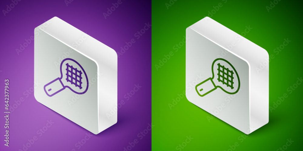 Isometric line Tea strainer with handle icon isolated on purple and green background. Metal sieve. Silver square button. Vector Isometric line Tea strainer with handle icon isolated on purple and green background. Metal sieve. Silver square button. Vector