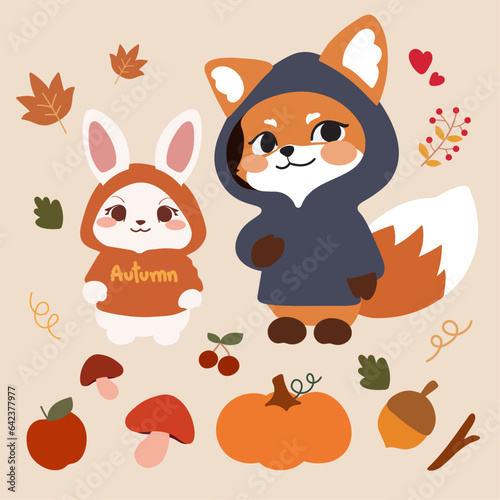 Adorable fox and bunny illustration for autumn season decoration