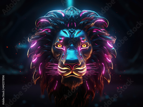 Lion's head on a neon background representing leadership