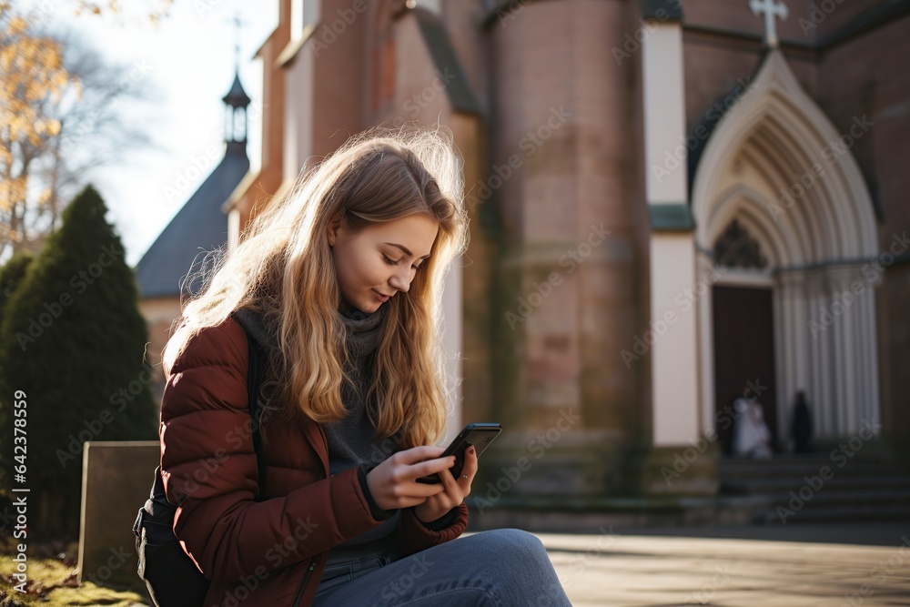 a young girl with smart phone in the old street