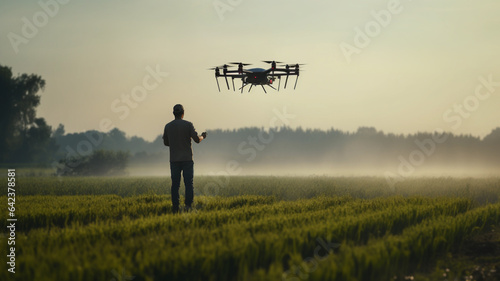 Man operating a large agricultural drone over a lush green field: Highlighting the embrace of new technologies in farming, smart agriculture, automation and the drive to enhance efficiency
