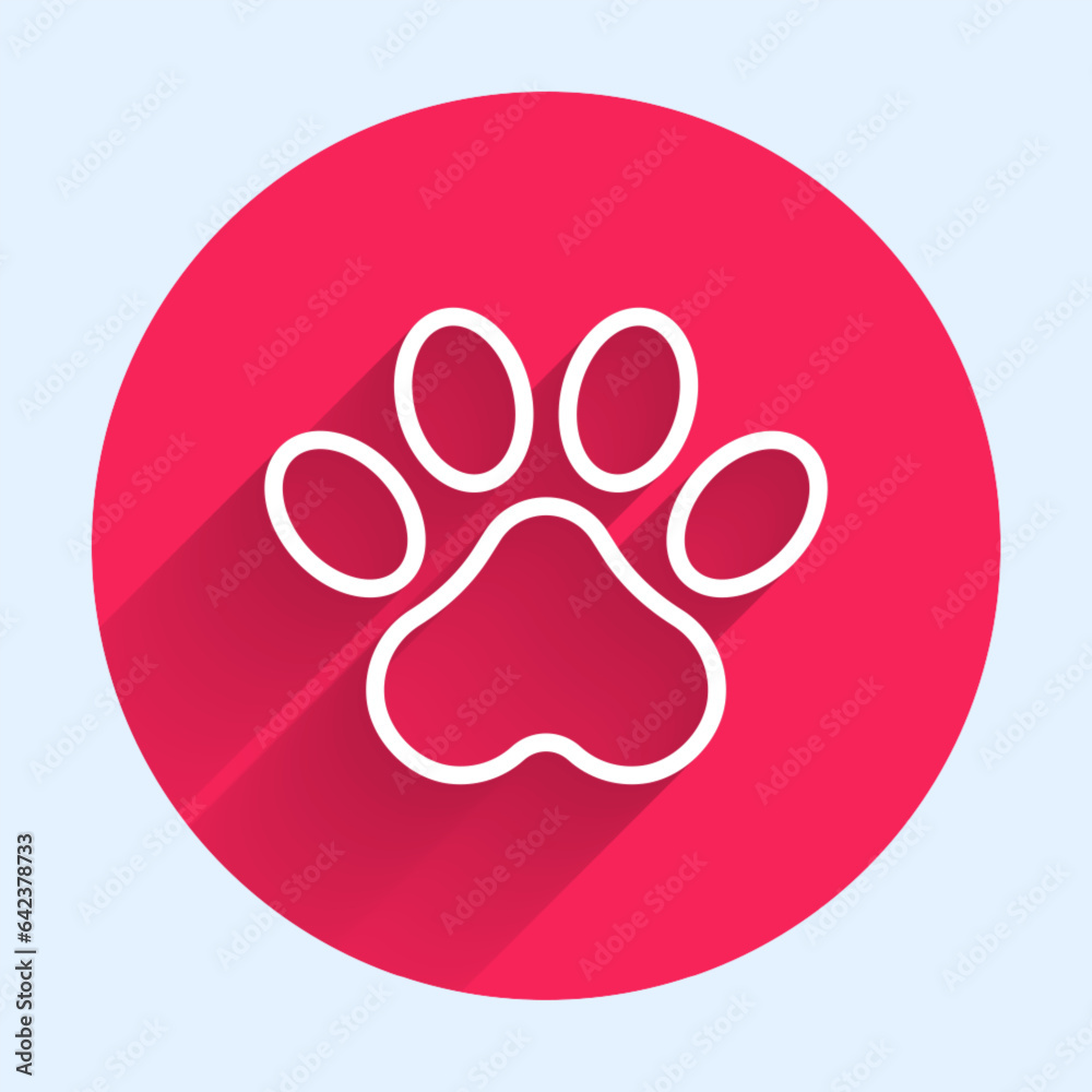 White line Paw print icon isolated with long shadow background. Dog or cat paw print. Animal track. Red circle button. Vector
