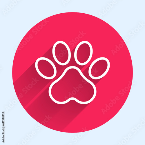 White line Paw print icon isolated with long shadow background. Dog or cat paw print. Animal track. Red circle button. Vector