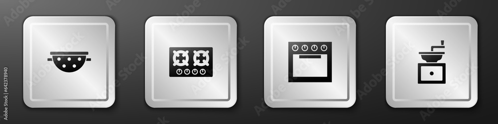 Set Kitchen colander, Gas stove, Oven and Manual coffee grinder icon. Silver square button. Vector Set Kitchen colander, Gas stove, Oven and Manual coffee grinder icon. Silver square button. Vector