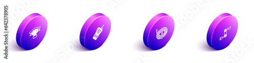 Set Isometric African buffalo head, Walkie talkie, Climber rope and Swiss army knife icon. Vector