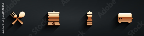 Set Crossed fork and spoon, Slow cooker, Pepper and Toaster icon with long shadow. Vector