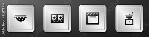 Set Kitchen colander, Gas stove, Oven and Manual coffee grinder icon. Silver square button. Vector