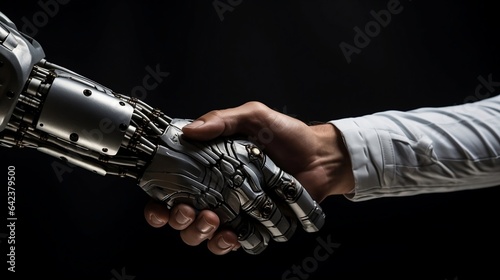 Close-up of human hand and robot shaking hands on black background