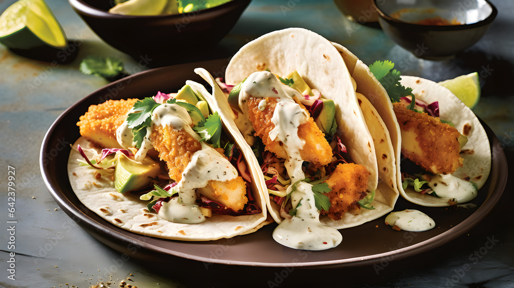 A plate of crispy fish and avocado tacos with a tangy lime crema - obrazy, fototapety, plakaty 