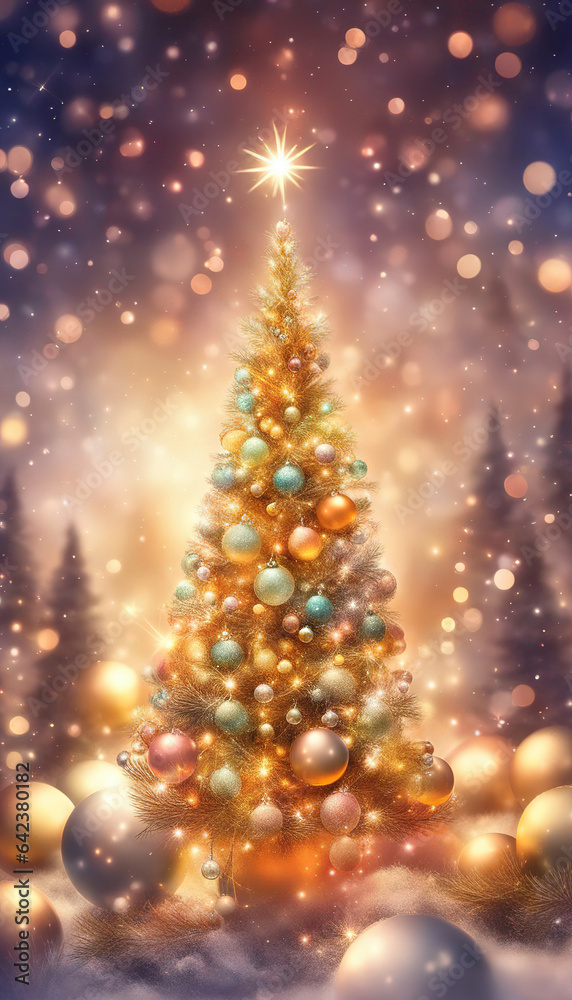 Christmas background with beautifully decorated Christmas tree with baubles, snowflakes, and lights, magic Christmas illustration. Christmas background with beautifully decorated Christmas tree with baubles, snowflakes, and lights, magic Christmas illustration.
