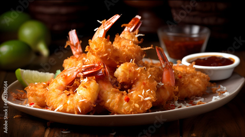 A plate of crispy and golden coconut shrimp with a sweet chili sauce