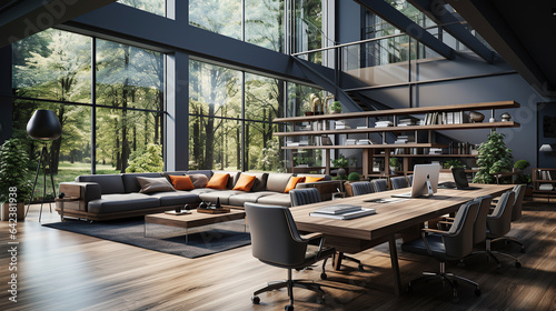 Modern gray open space office with wooden tables, side view.