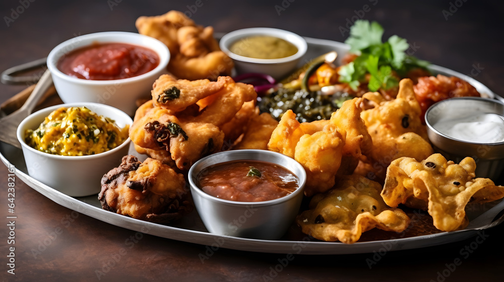 A platter of assorted Indian pakoras with a tamarind chutney dipping sauce - obrazy, fototapety, plakaty 