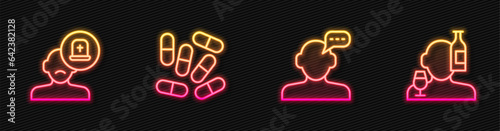 Set line Online psychological counseling, Male doctor, Medicine pill tablet and Alcoholism. Glowing neon icon. Vector