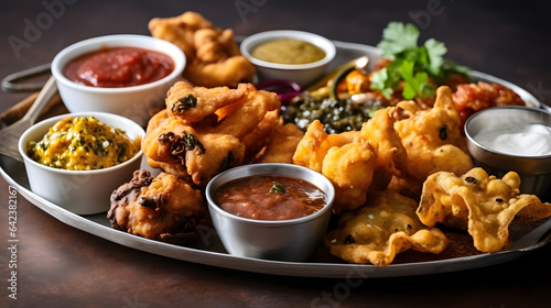 A platter of assorted Indian pakoras with a tamarind chutney dipping sauce