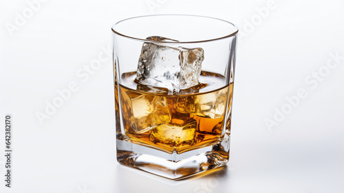 Whiskey with ice in glass isolated on white background