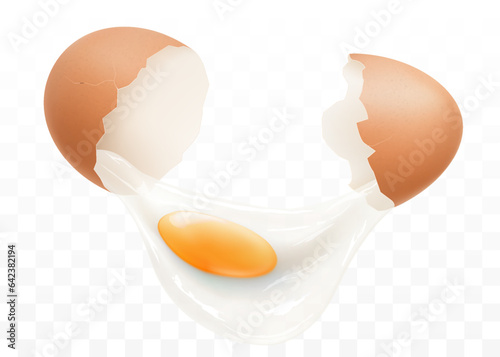 A broken egg isolated on a transparent background. The protein and yolk flowed out of a broken egg shells close-up. Horizontal illustration of cracked egg. Realistic 3d vector design