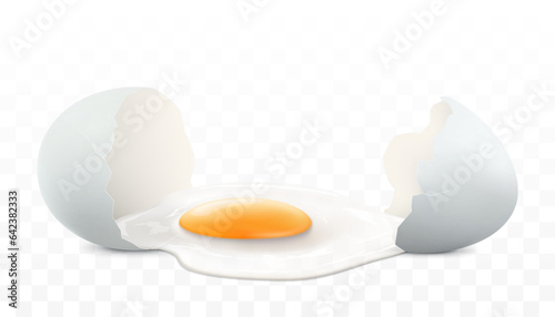 A broken white egg isolated on a white background. The protein and yolk flowed out of a broken egg shells close-up. Horizontal illustration of cracked egg. Realistic 3d vector design